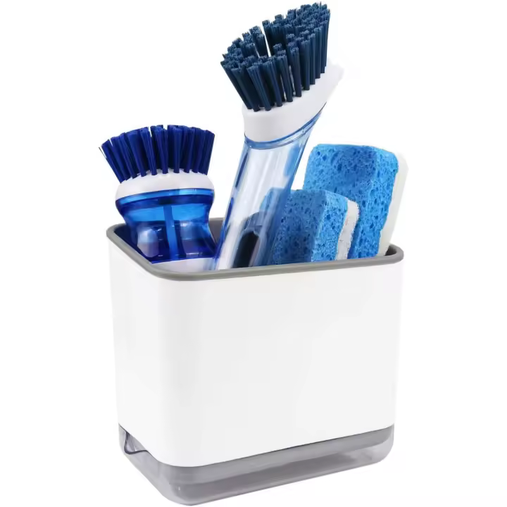 Organizador para encimera de fregadero, soporte para Esponja para platos, soporte para Esponja y Cuchillo para fregadero de Cocina, organizador de fregador de Platos de plástico con bandeja de Drenaje, Blanco - 1