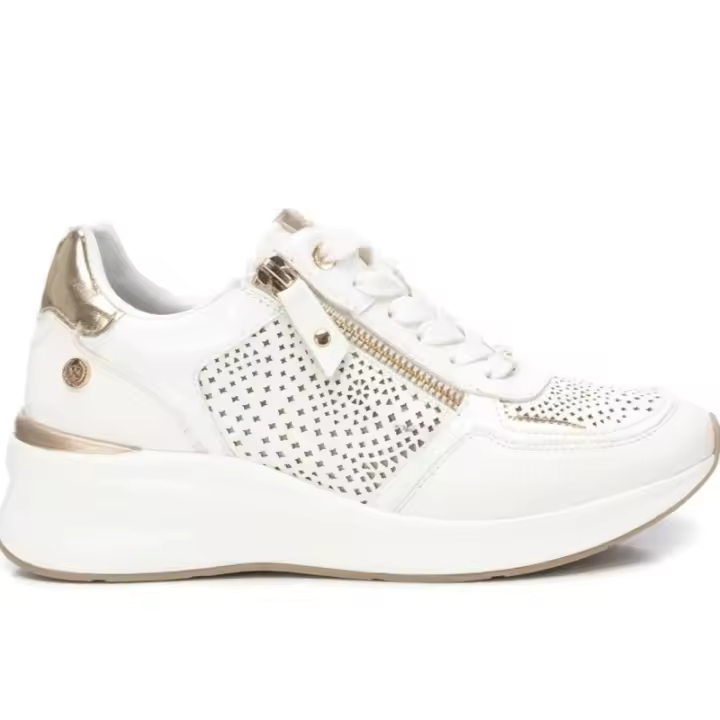XTI - Zapatillas para Mujer - Blanco con Detalles Dorados - Cuña y Cremallera Lateral - 1