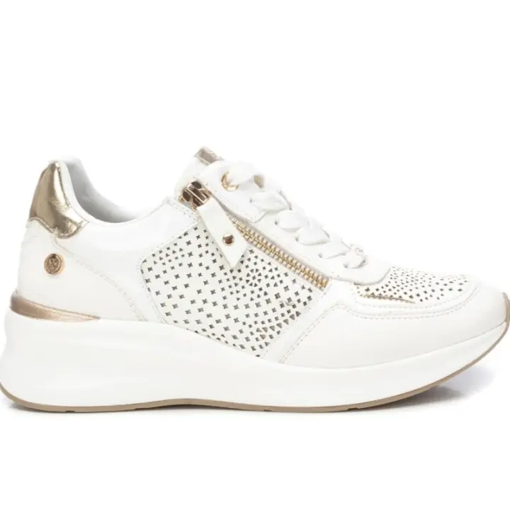 XTI - Zapatillas para Mujer - Blanco con Detalles Dorados - Cuña y Cremallera Lateral - 1