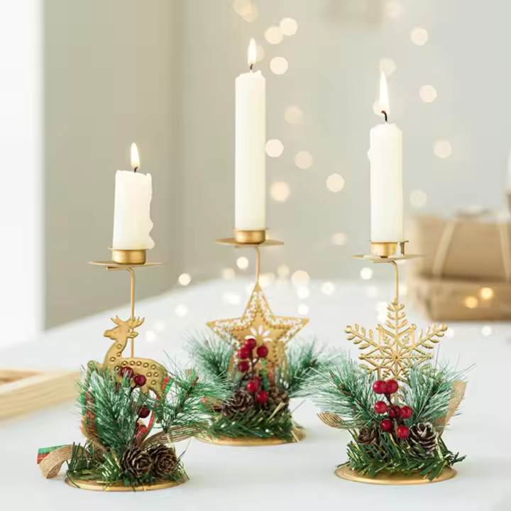 Juego de 3 candelabros navideños, juego de candelabros pequeños, candelabros de pilar de metal, candelabros navideños - 1