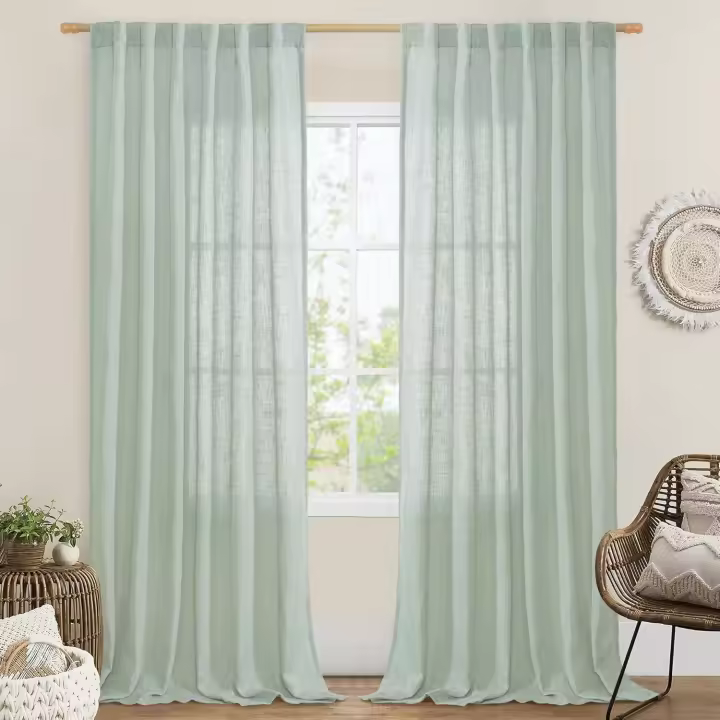 Sage Green Linen Curtains 48 Inch Length 2 Panels, Light Filtering Panels Back Tab and Rod Pocket Neutral Drapes for Kitchen/Window/Loft Room, 34 x 48 Inch - 1