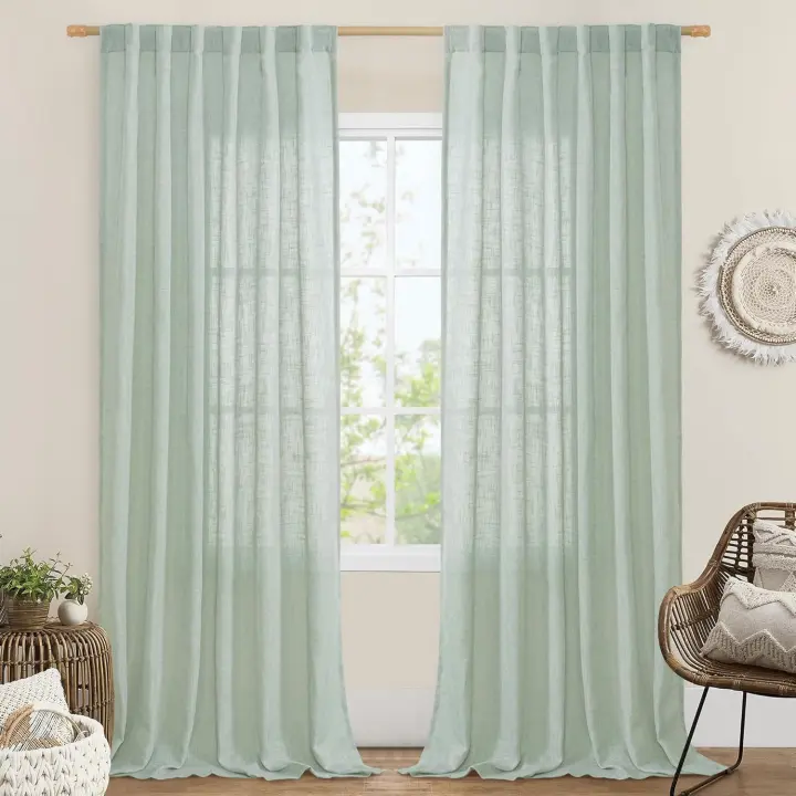 Sage Green Linen Curtains 48 Inch Length 2 Panels, Light Filtering Panels Back Tab and Rod Pocket Neutral Drapes for Kitchen/Window/Loft Room, 34 x 48 Inch - 1