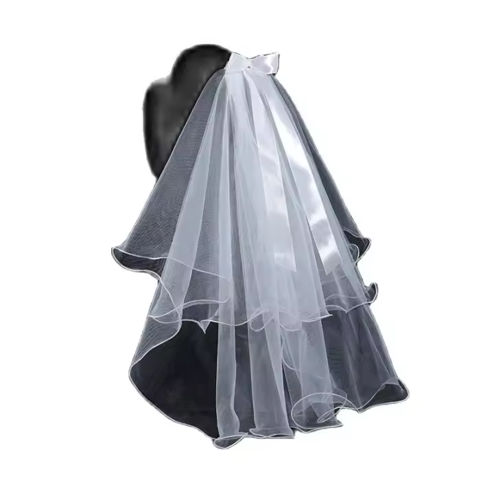 Velo De Novia En Estilo Vaticano Para Damas Con Dos Capas Y Cinturón De Satén Largo Hasta La Muñeca Blanco Con Headdress - 1