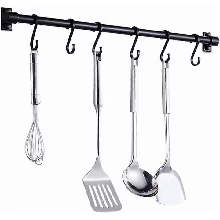 Barra de cocina de 40cm con 6 Ganchos extraíbles, estante de utensilios de cocina montado en La Parada (Negro) - 1