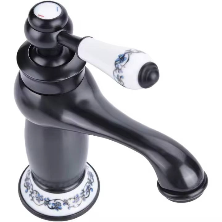 Grifo de baño de latón de cerámica antiguo, grifo de fregadero de porcelana azul y blanca, grifo de lavabo vintage de cuello largo, grifo mezclador de cocina, grifo de agua fría/caliente (negro) - 1