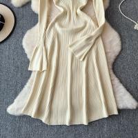 Vestido Largo Elegante Para Mujer Con Mangas Flared Y Volantes Cuello V Solido Bodycon Para Fiesta Y Oficina Polyester Mid-Calf - details 22