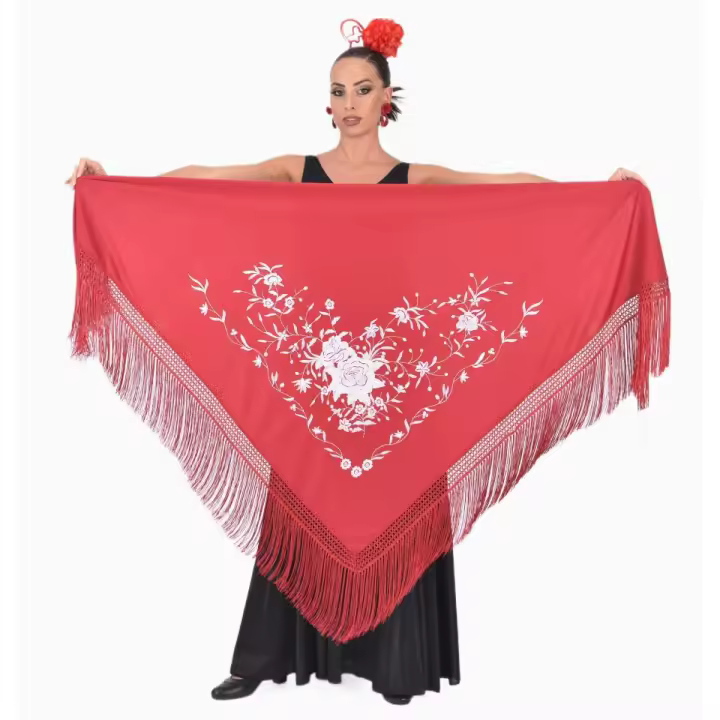 Mantón grande rojo bordado en blanco Anuka - 1