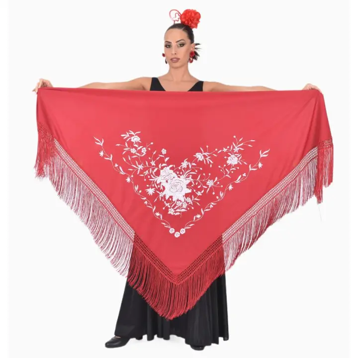 Mantón grande rojo bordado en blanco Anuka - 1