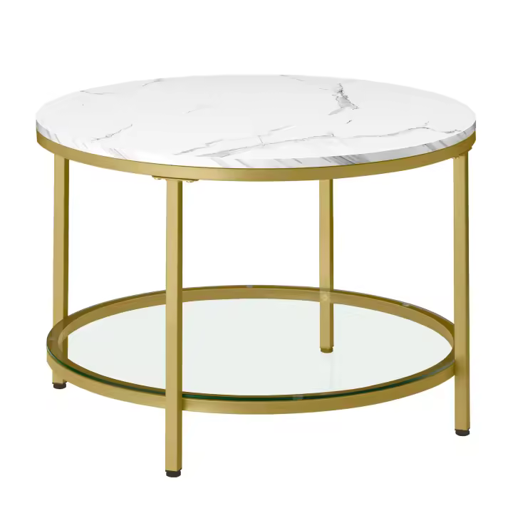Mesa de centro redonda de imitación mármol, estante de vidrio templado, 65x46 cm, estilo moderno para salón - 1