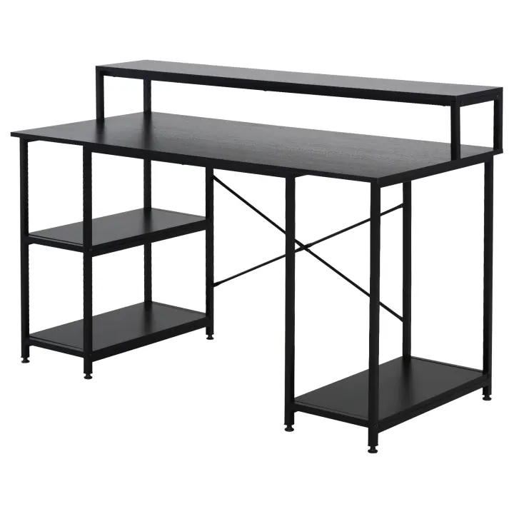 HOMCOM Mesa para Computadora Escritorio de Oficina Estudio con 3 Estantes Tabla Superior Patas con Almohadillas Ajustables Antideslizantes Marco Metálico 140x60x93 cm Negro - 1