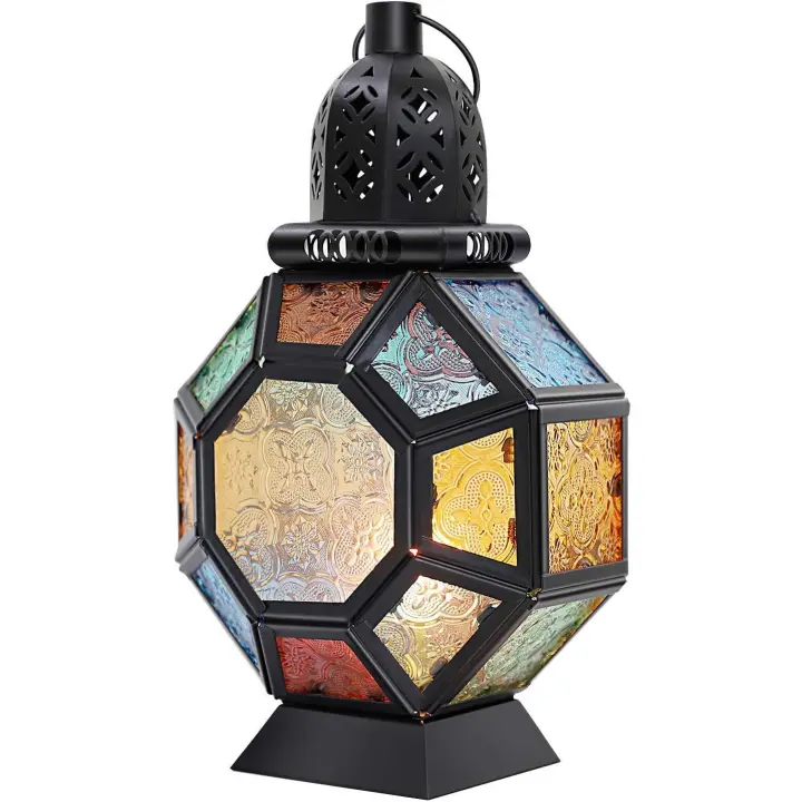Linterna de Metal Lewondr, linterna de jardín Retro para exteriores, soporte de hierro, luz de vela marroquí, decoración Oriental para el hogar, negro y - 1