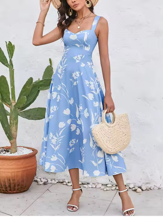 NewAsia Vestido Midi Sin Mangas Para Mujer Con Estampado Y Cuello En V Dos Capas Sin Espalda Casual Verano Azul - 1