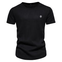 Nueva camiseta casual bordada de primavera para hombre, cuello redondo, color sólido, camisa básica deportiva, top para hombre - details 3