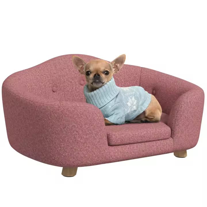 PawHut Sofá para Mascotas Alfombra para Perros Cama para Perros Sofá para Perros Sofá para Perros Sofá para Gatos con Cojín Bolsillo Trasero Espuma de Felpa Madera de Pino Rosa 70 x 47 x 30 cm - 1