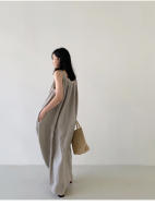 Vestido Largo De Hombros Descubiertos Sin Mangas Para Mujer REALEFT Verano Algodón Y Lino Nuevo Vintage Cuello Redondo Midi - details 9