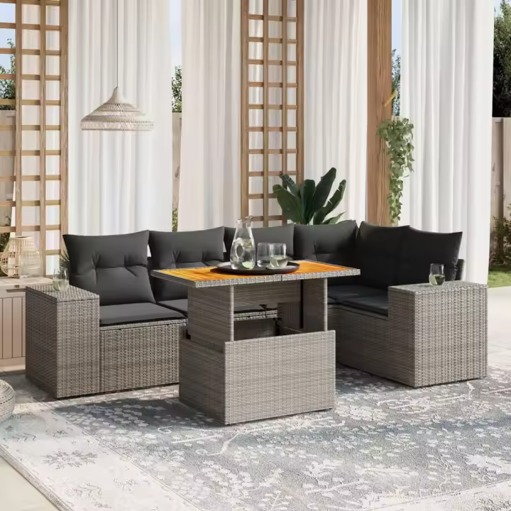 vidaXL Set de muebles de jardín 6 pzas y cojines ratán sintético gris - 1