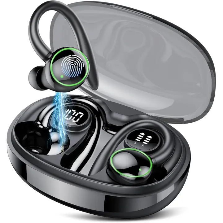 Auriculares Inalétricos Deportivos, Auriculares Bluetooth 5,3 con 4 HD Mic, HiFi Estéreo Cascos Inalétricos, Auriculares Running with Gancho, IP7 Impermeable, Negro - 1