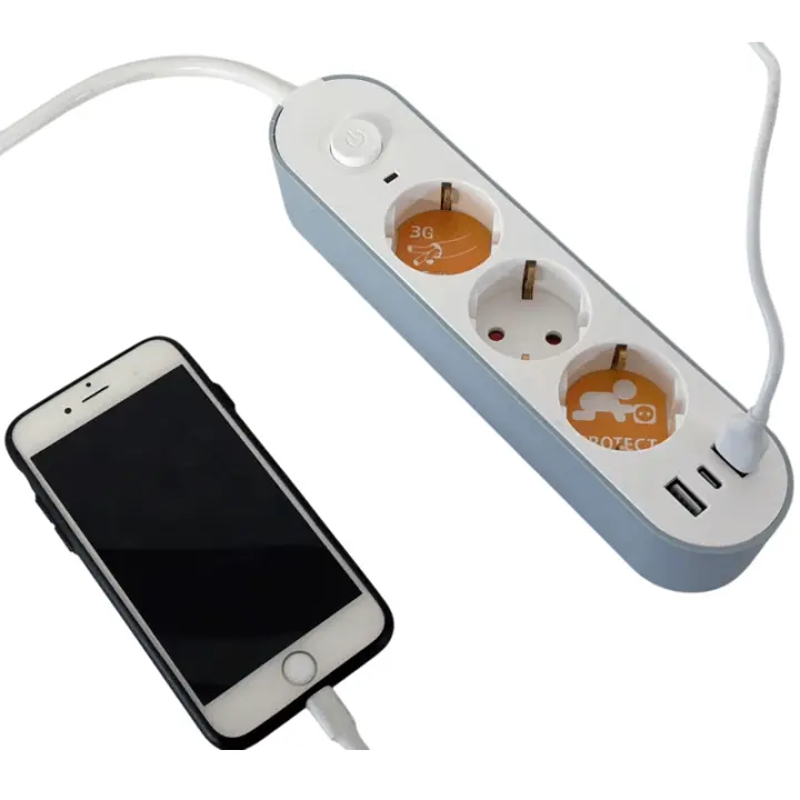 Regleta de 3 enchufes con 3 USB, Enchufe Múltiple Pared con 2 USB +1 tipo C, alargador Eléctrica de Pared 3680 W 16 A, Enchufe de Distribución con Interruptor, Cable de 1,5mm3, Color azul-blanco - 1
