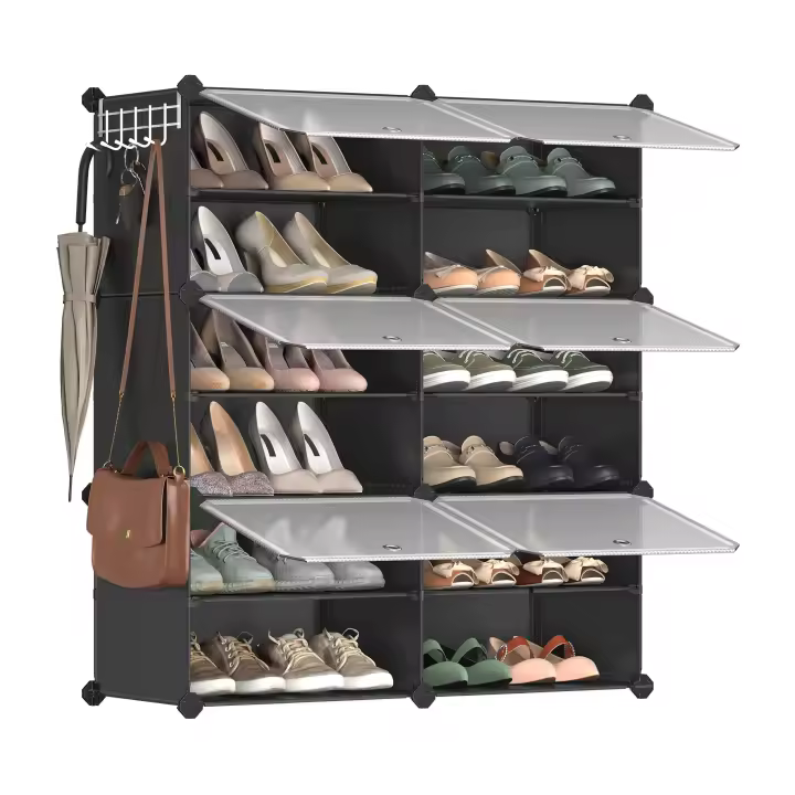 Zapatero Modular de Plástico con 6 Compartimentos y Puertas - Estantería de 30x40x30 cm por Cubo, Marco de Acero, Paneles de Plástico, Color Blanco - 1