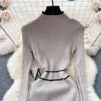 YuooMuoo Vestido Bodycon De Punto Elegante En Caqui Y Negro Para Mujer Estilo Lady Oficina Ajustado Con Cinta Y Abertura Al Final De Otoño E Invierno - details 3