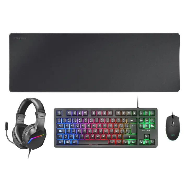 Mars Gaming MCP-RGB3, Pack Gaming Teclado Fixed RGB + Ratón Gaming RGB Flow 3200 DPI + Auriculares Over-Ear RGB + Alfombrilla XXL, Combo Gaming en Negro, Rosa o Blanco y con Idioma Español, Francés o Portugués - 1