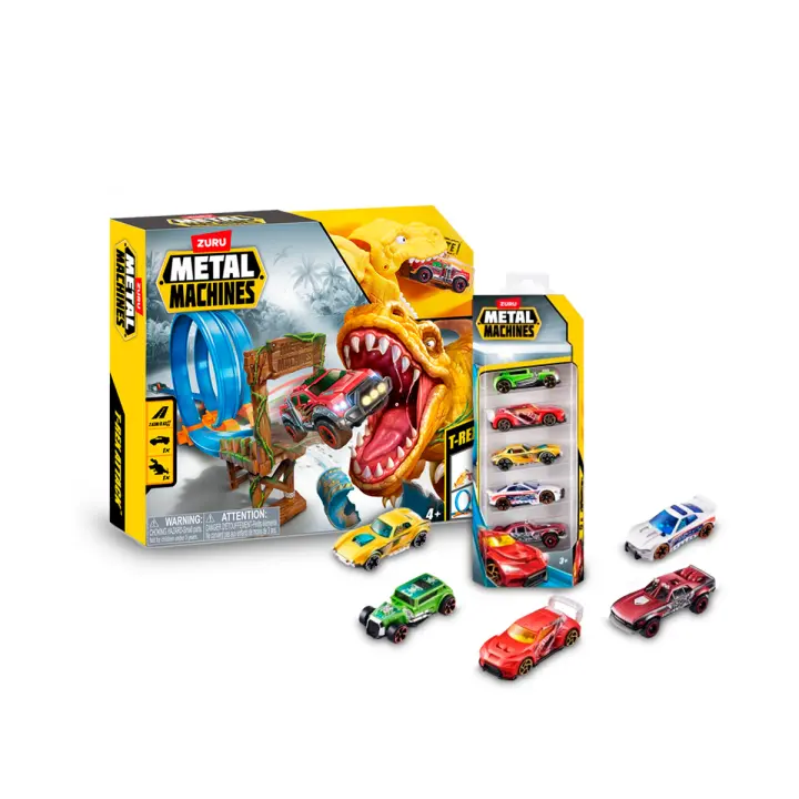 METAL MACHINES - Pista Doble Looping Ataque del T-Rex con Lanzador y Pack de 5 Coches  ¡Corre a Máxima Velocidad y Derriba al T-Rex Antes de que te Atrape! - 1