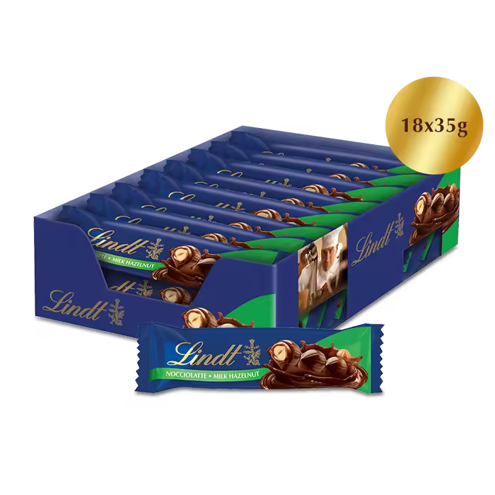 Lindt sticks Nocciolatte - 18 unidades de 35 gr cada una - Cada stick combina el irresistible chocolate con leche de Lindt con un corazón cremoso de avellana - 1