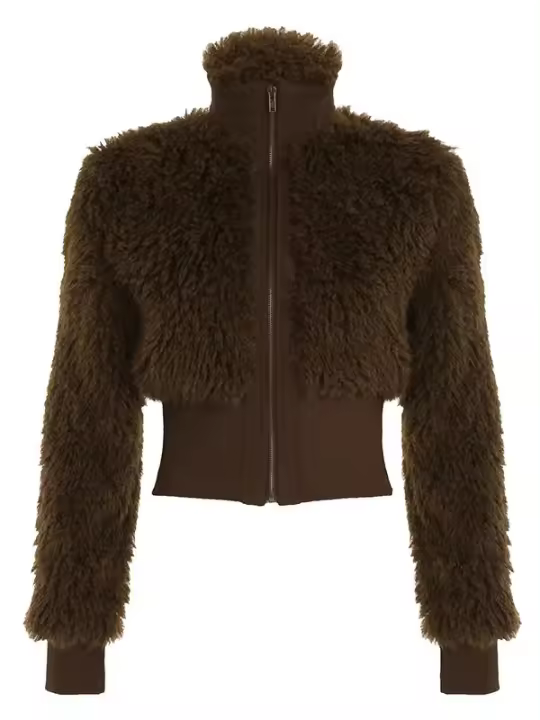 Chaqueta De Piel Marrón Retro Rockmore Y2K Con Cuello Alto Y Cierre De Cremallera Moda Vintage Casual Para Mujer Outerwear Gruesa De Invierno Streetwear - 1