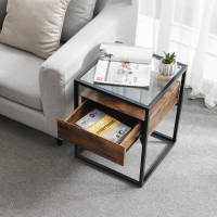 Mesa auxiliar con cristal templado, cajón y repisa, rústica, mesita de noche, marco de hierro estable, decoración para salón y habitación - details 5
