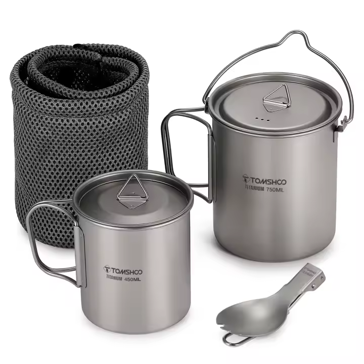Juego De Cocina Ultraligero De Titanio Tomshoo 3 PCS Con Olla De 750ml Taza De Agua De 450ml Y Cuchara Plegable Para Camping Y Excursiones Al Aire Libre - 1