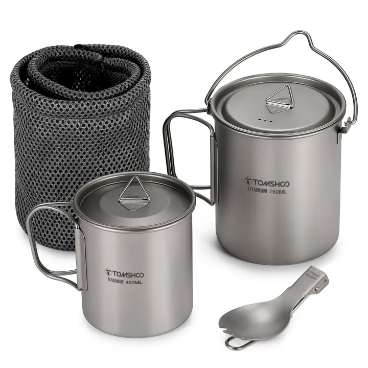 Juego De Cocina Ultraligero De Titanio Tomshoo 3 PCS Con Olla De 750ml Taza De Agua De 450ml Y Cuchara Plegable Para Camping Y Excursiones Al Aire Libre - 1