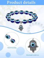 Pulsera elástica con cuentas azules y dijes de la mano de Fátima, pulsera turca de la suerte con ojo malvado para protección y bendición - details 1