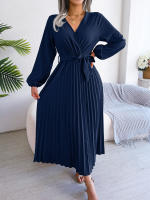 Vestido Largo Elegante Para Mujer Con Cuello En V Manga Larga Pleated Maxi Con Cinturón Estilo Casual De Pierna Larga - details 40