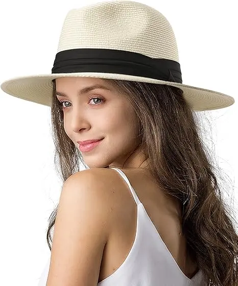 Sombrero Panamá de paja de Ala Ancha para Mujer y Hombre, sombrero Fedora para el sol en La Playa, Con Protección solar UPF, para Verano - 1