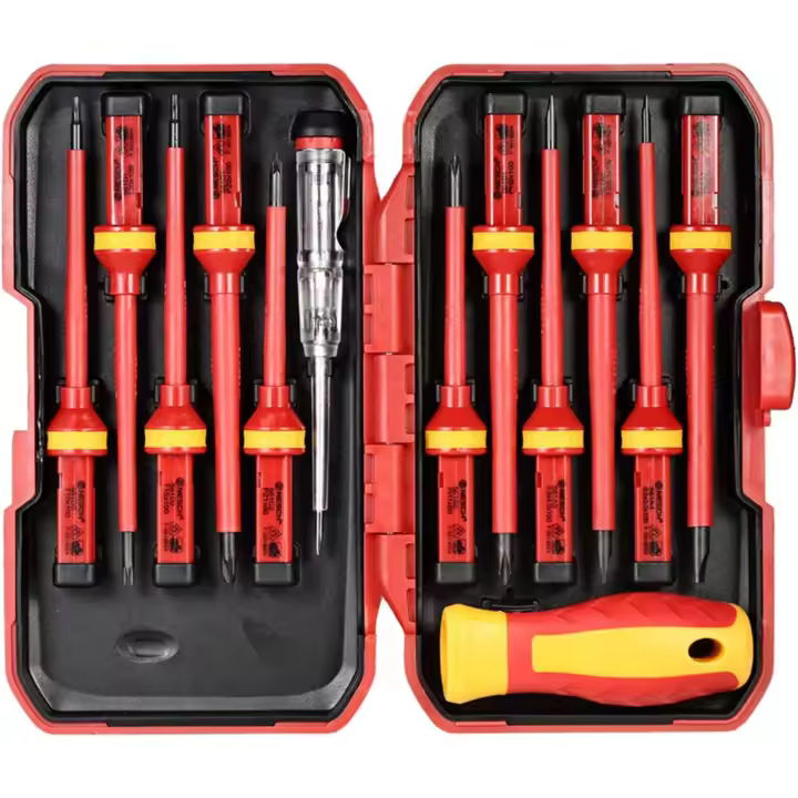 Juego de destornilladores magnéticos, 13 destornilladores aislados intercambiables de 1000 V con puntas magnéticas ranuradas, herramientas de reparación para electricistas - 1