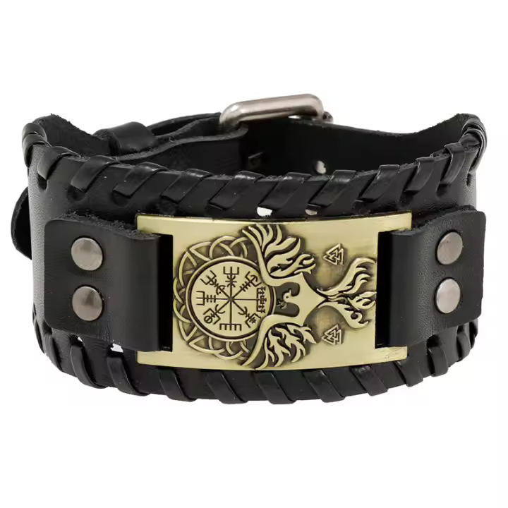 Pulsera Vikinga De Moda Con Encanto De Runas Nórdicas Y Compas Pulsera De Cuero Tejido Para Hombres Joyería De Moda Para Fiesta - 1