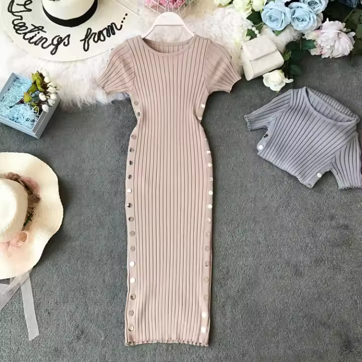 Vestido Elegante Para Mujer 2023 Nuevo Verano Tejido Oficina Vestido De Rodilla Bodycon De Alta Calidad Con Botones Para Oficina - 1
