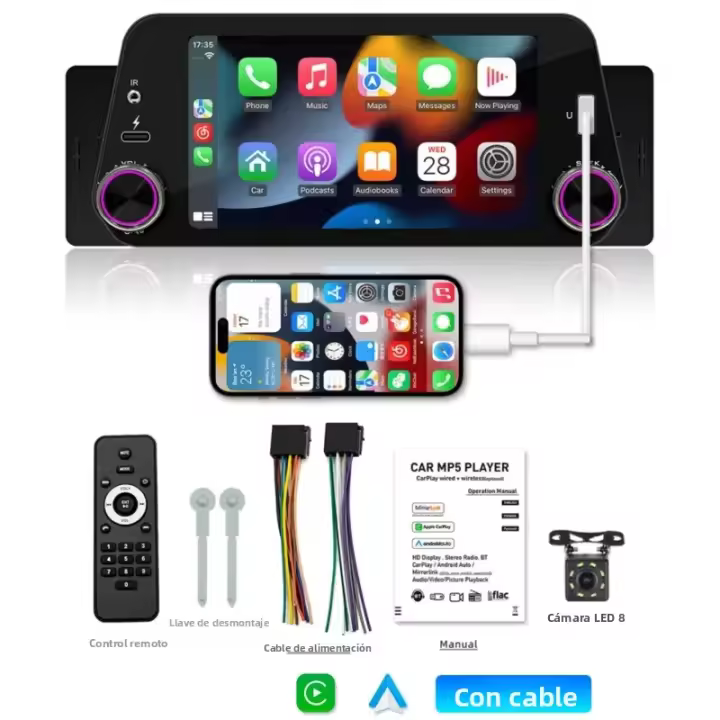 Reproductor Multimedia Para Coche 1Din Pantalla Táctil De 5 Pulgadas Navegación Display Carplay Y Android Auto Soporte De Entrada De Retroceso Universal - 1