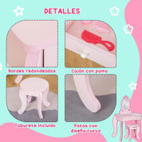 HOMCOM Tocador Infantil de Madera para Niñas de 3-6 Años con Taburete y Espejo Tipo Princesa Mesa de Maquillaje para Niñas con Cajón para Dormitorio 60x36x88 cm Rosa - details 1
