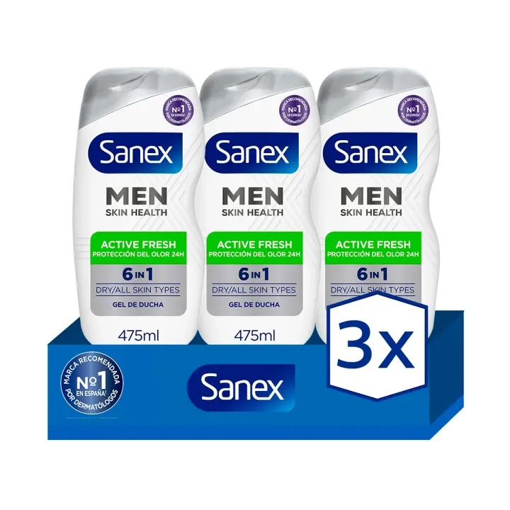 Gel de ducha o baño para hombre Sanex Active Protect 3in1 cuerpo, cara y cabello 475ml. Pack 3 - 1