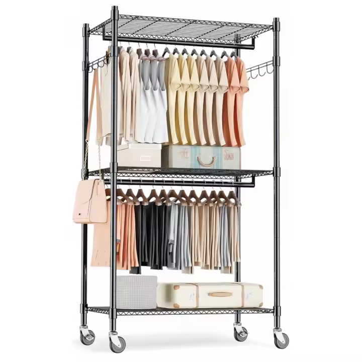 ORION91 Burro Perchero Doble Ropa Ruedas Profesional Estantes Ajustables en Altura 205 x 60 x 42 cm Negro - SpazioLuzio - 1