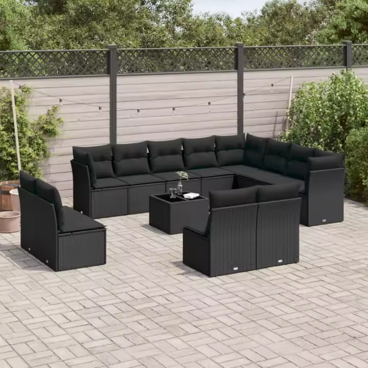 vidaXL Set de sofás de jardín y cojines 13 pzas ratán sintético negro - 1