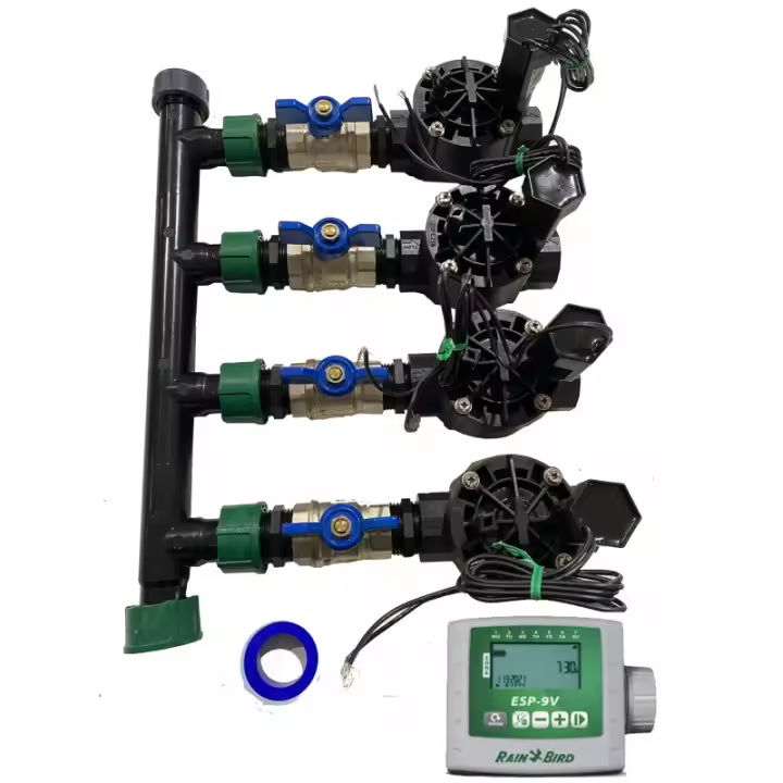 RAIN BIRD Sistema de Riego Automático para jardin de 4 zonas con Programador ESP 9V y Electroválvulas Rain Bird HV 1" 9v - 1