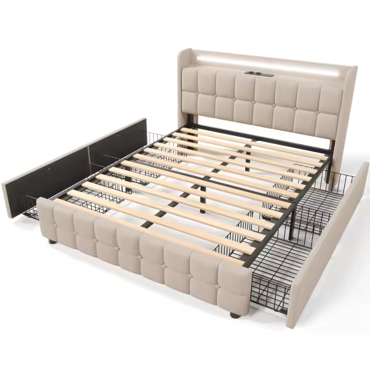Cama tapizada con función de Carga, función de carga USB, sombrero E iluminación LED Y 4 cajones, Cama Doble 160x200 cm, Cama con almacén, somier, Marco de listones de Madera, beige (con colchón) - 1