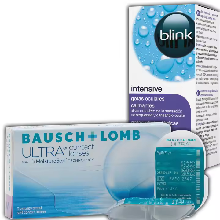 Pack ULTRA Lentes de Contacto Mensuales (6 Uds) + Blink Intensive Tears Gotas Oculares 10ml | Hidratación 16h | MoistureSeal | Alta Permeabilidad | Confort Prolongado | Alivio Instantáneo para Ojos Secos | Con OcuPure | Uso con Todo Tipo de Lentillas - 1