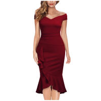 Vestido Elegante Para Mujer De Encaje Con Volante Y Cintura Ajustada Vestido De Fiesta Con Hombros Descubiertos Y Abertura En La Pierna Vestido Clásico De Cintura Alta Y Acolchado - details 1