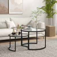 HOMCOM Juego de 2 Mesas Nido, Mesas de Centro para Salón Redondas, Tablero de Vidrio Templado y Marco de Acero, para Dormitorio y Oficina, Grande 70 cm, Pequeña 54 cm, Negro y Transparente - details 1