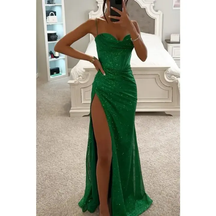 Vestido Largo De Fiesta Para Mujer Verano Con Suspensión Y Sin Mangas Cuello Recto Color Sólido Ajustado Con Abertura Casual - 1