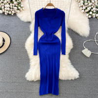 Vestido Largo A-Line Elegante De Cintura Alta Con Escote En V Para Mujer REALEFT Knitted Wrap Vestido De Poliéster Otoño Invierno - details 0