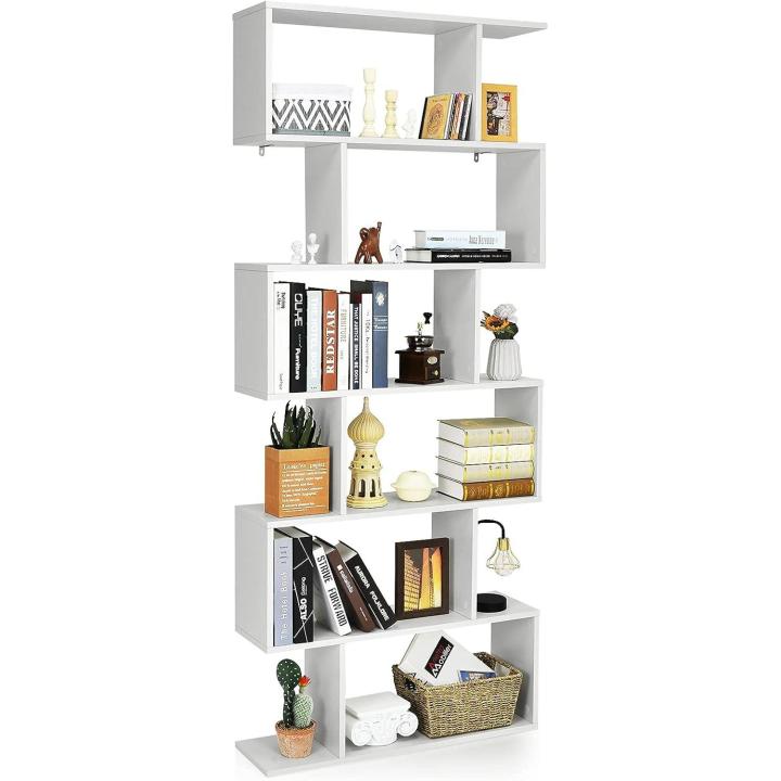 Librería en Forma de S, Estantería para Libros con 6 Estantes, 80 x 23 x 191 cm, Estantería de Almacenamiento Multifuncional, Diseño Antivuelco, para Salón, Estudio (Blanco)